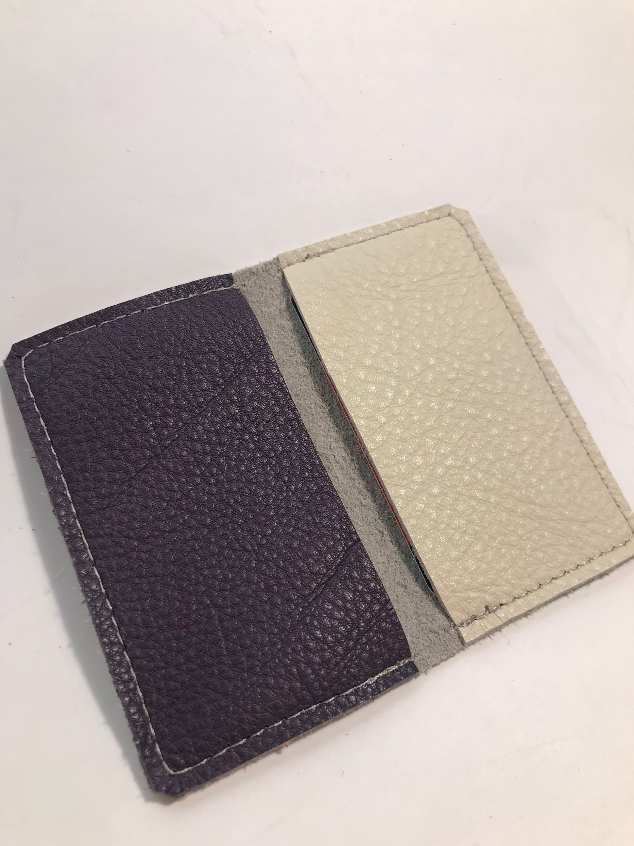 Simple card case in cream & purple off cut upholstery leather by